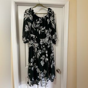 NWT. NYC Eva Mendes off the shoulder green floral pattern, open slit back.